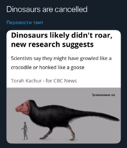 Dinosaurs are cancelled Перевести твит Dinosaurs likely didn't roar, new research suggests Scientists say they might have growled like a crocodile or honked like a goose Torah Kachur for CBC News Tyra