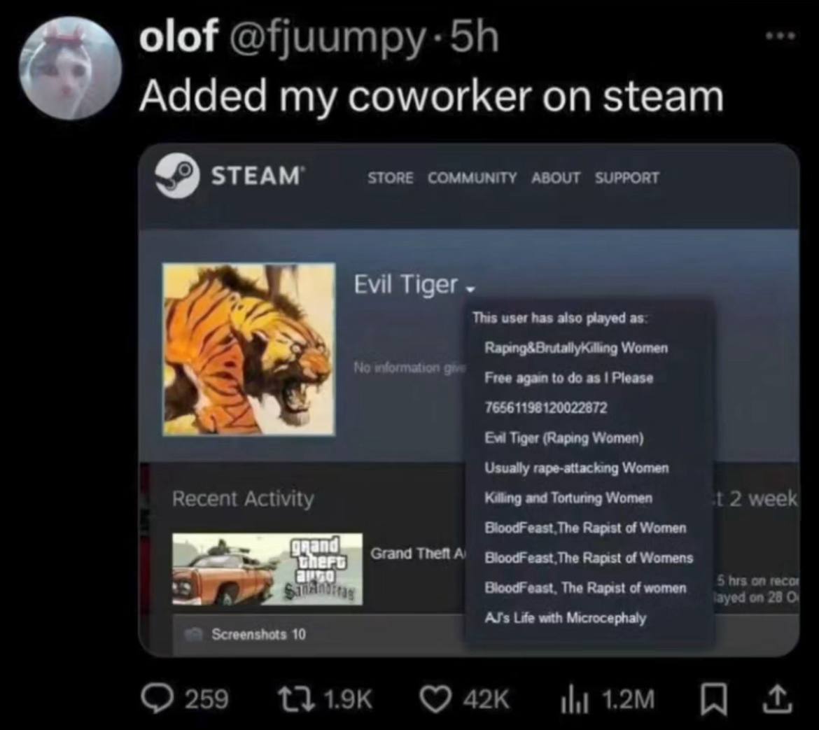 Added my coworker steam STEAM’ STORE COMMUNITY ABOUT SUPPORT Evil Tiger This user has also played as. Women to Please 76561198120022872 Tiger (Raping Women) Usually rape-attackang Women Recent Activit