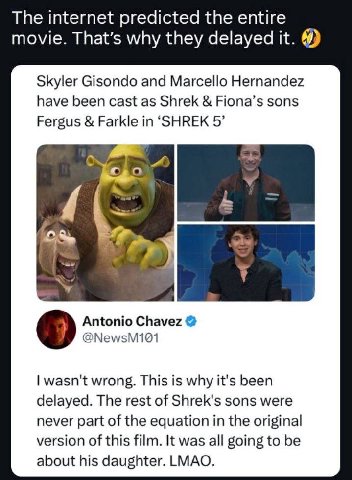 The internet predicted the entire movie. That’s why they delayed it. Skyler Gisondo and Marcello Hernandez have been cast as Shrek Fiona’s sons Fergus Farkle in ‘SHREK 5’ wie Antonio Chavez @NewsM101 