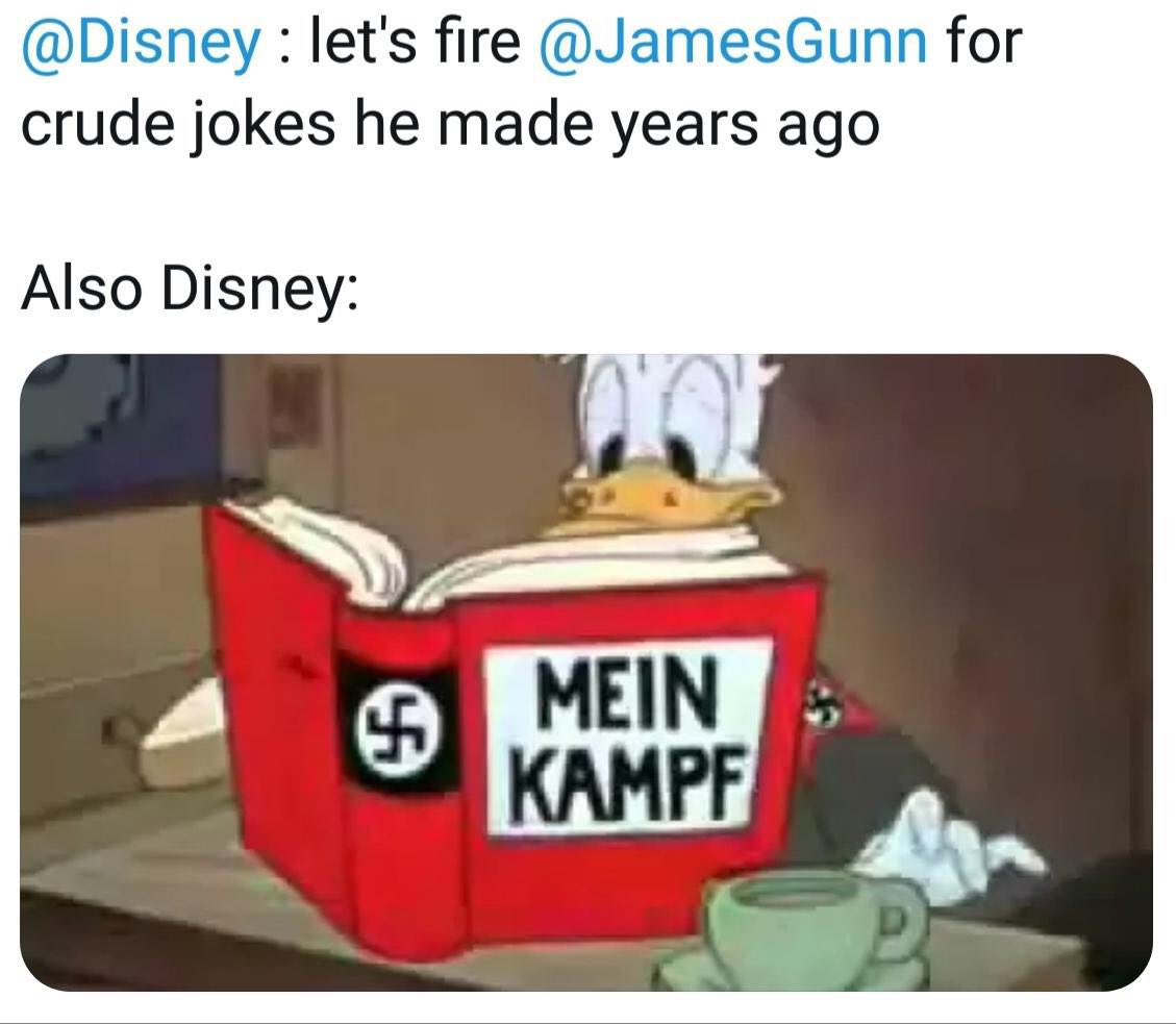 @Disney let's fire @JamesGunn for crude jokes he made years ago Also Disney: