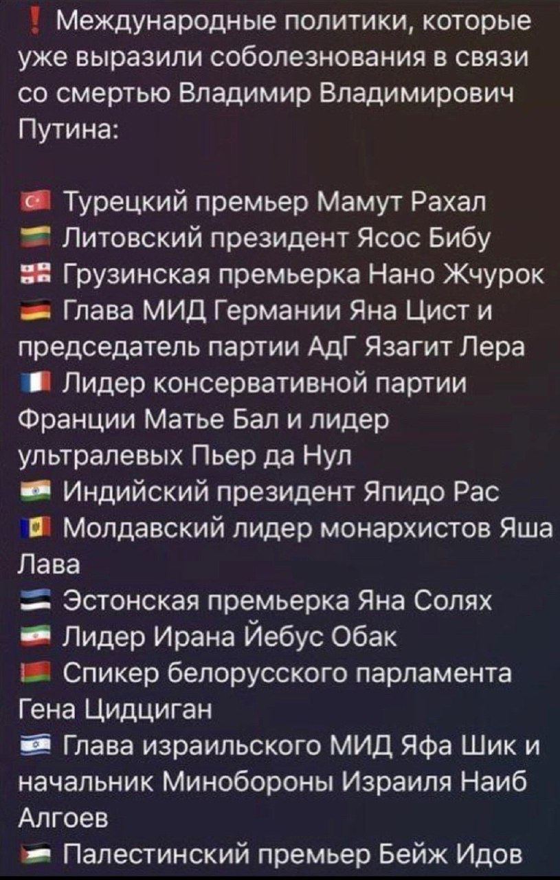 Международные политики, которые уже выразили соболезнования в связи смертью Владимир Владимирович Путина: Турецкий премьер Мамут Рахал Литовский президент Ясос Buby Грузинская премьерка Нано Жчурок Гл
