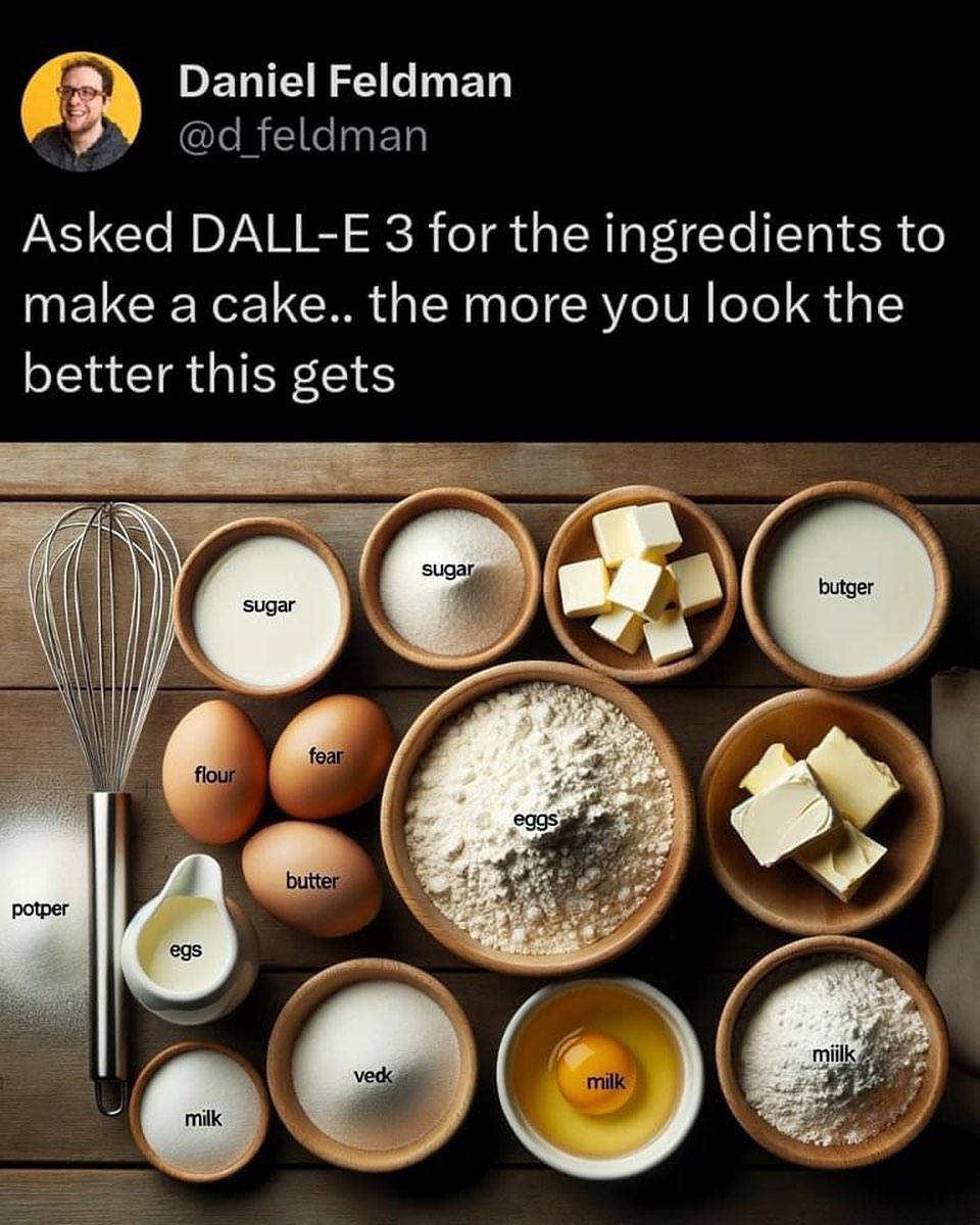 Daniel Feldman @d_feldman Asked DALL-E 3 for the ingredients to make a cake.. the more you look the better this gets ее 2995 Potper miilk