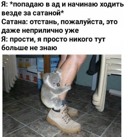 Я: *попадаю вад и начинаю ходить везде за сатаной* Сатана: отстань, пожалуйста, это даже неприлично уже Я: прости, я просто никого тут больше не знаю