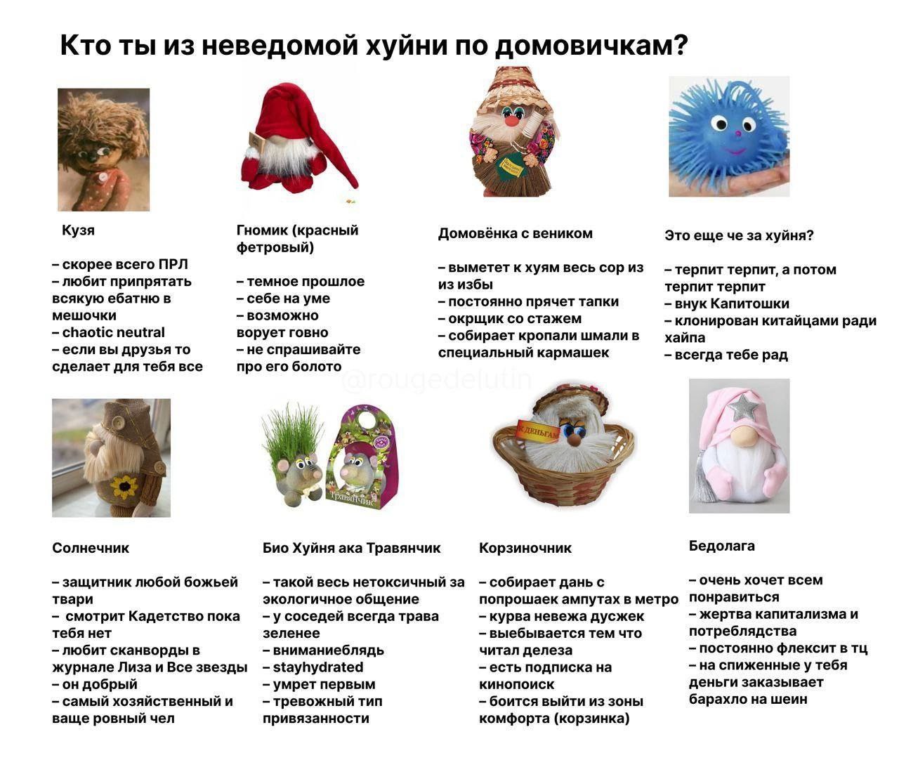 Кто ты из неведомой хуйни по домовичкам? Кузя Гномик (красный Домовёнка с веником Это еще че за хуйня? фетровый) скорее всего ПРЛ к хуям весь сор из терпит терпит, а потом любит припрятать темное прош