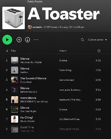 Public Playlist A ste I comedic 2,087 saves 8 songs, 24 min 39 sec О Customorder Тис Album 1 а Silence Silence 3:01 Marshmelo, Khalid Silence 2 Extra Grbg 1:56 Sadmin The Sound of Silence 3 Immortaliz