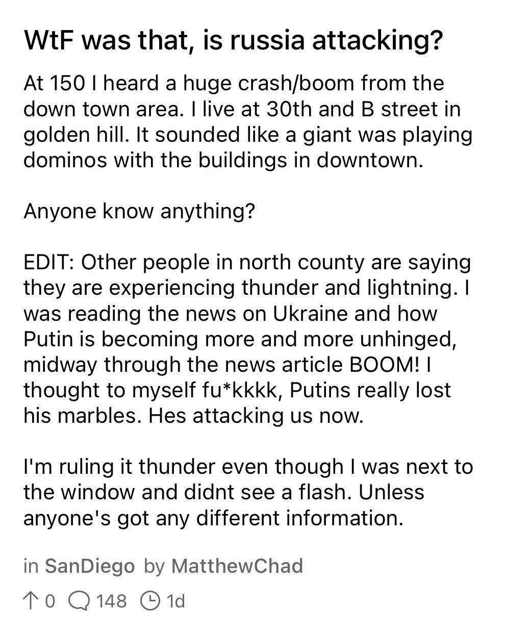 Terminally-online redditor finds out about thunder