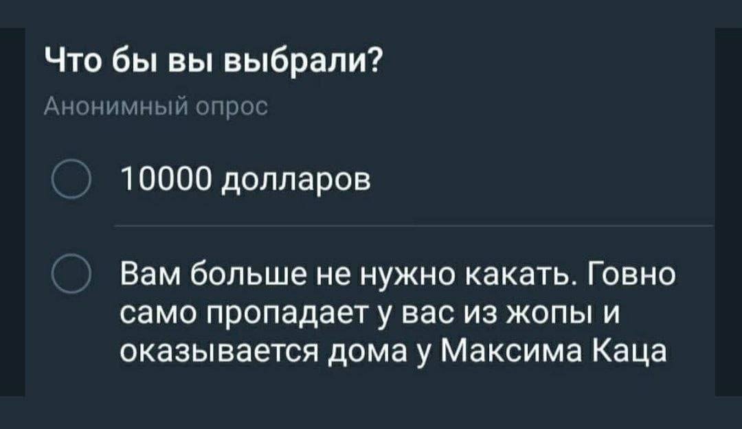 Что бы вы выбрали? Анонимный опрос 10000 долларов Вам больше не нужно какать. Говно само пропадает у вас из жопы и оказывается домау Максима Каца