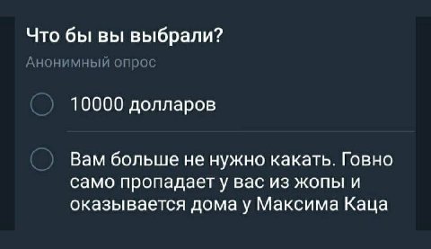Что бы вы выбрали? Анонимный опрос 10000 долларов Вам больше не нужно какать. Говно само пропадает у вас из жопы и оказывается домау Максима Каца