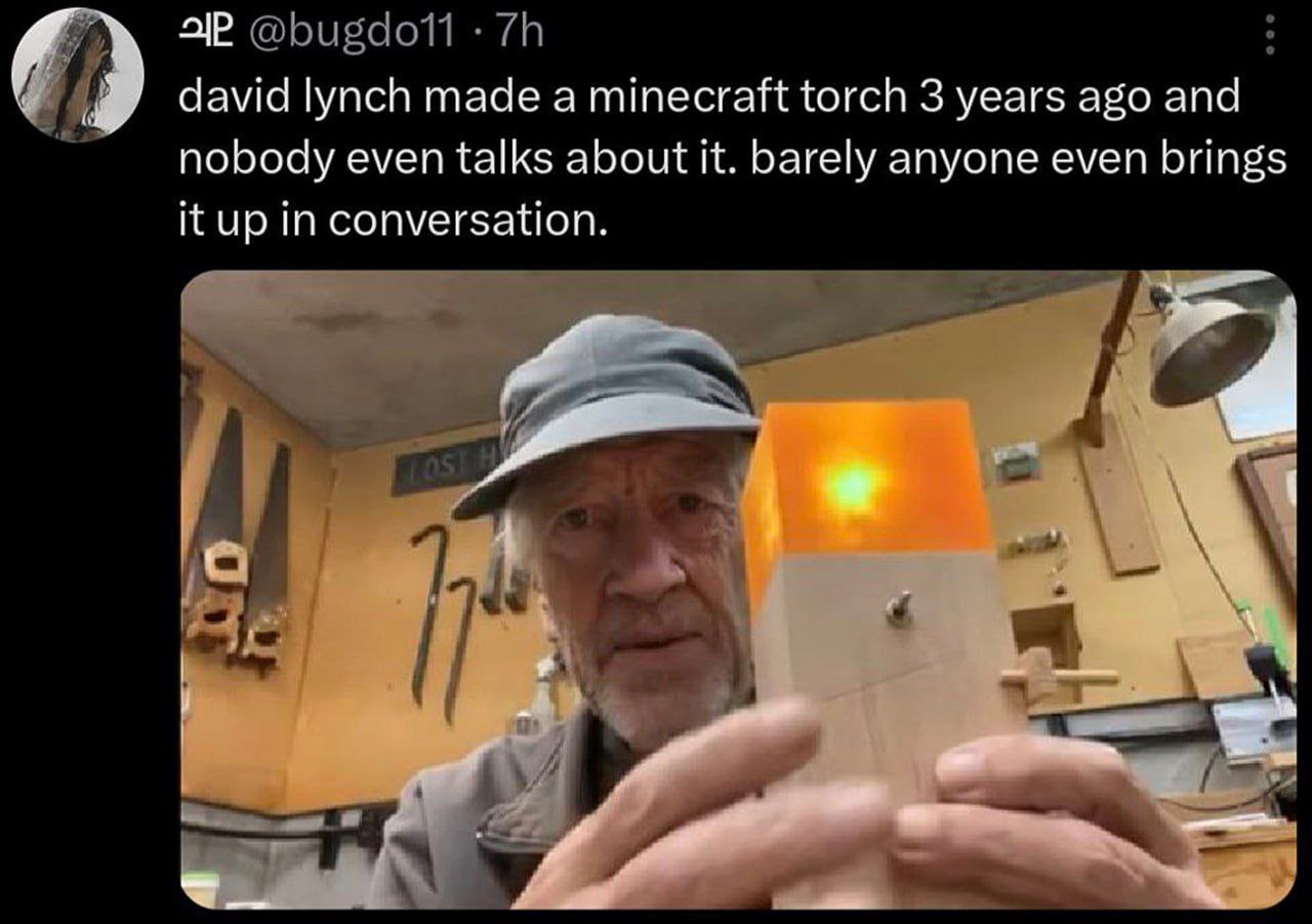 4 дама lynch made а minecraft torch 3 years ago and и nobody even talks about it. barely anyone even brings it up in conversation.