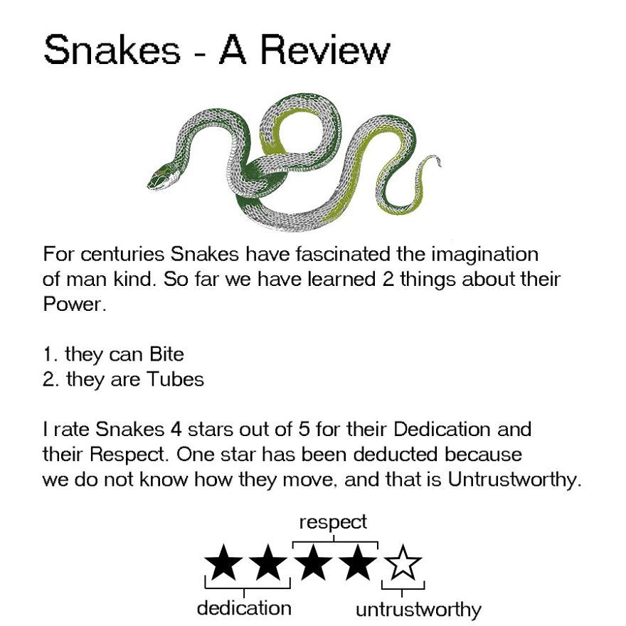 А Review For centuries Snakes have fascinated the imagination of man kind. So far we have learned 2 things about their Power. 1. they can Bite 2. they are Tubes rate Snakes 4 stars out of 5 for their 