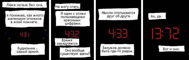 Лежа ночью без сна, Не могу спать. Я один с этими Мысли спотыкаются я понимаю, как много полыхающими пруг об друга. маленьких огоньков красными в моей комнате, цифрами. Время замедляется Будильник On 