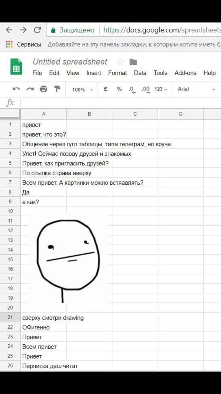 С а Защищено Сервисы Добавляйте на эту панель закладки, к которым хотите иметь 6 Untitled spreadsheet File Edit View Insert Format Data Tools Add-ons Help 100% 0 .00 123 Arial A С 1 привет 2 привет, ч