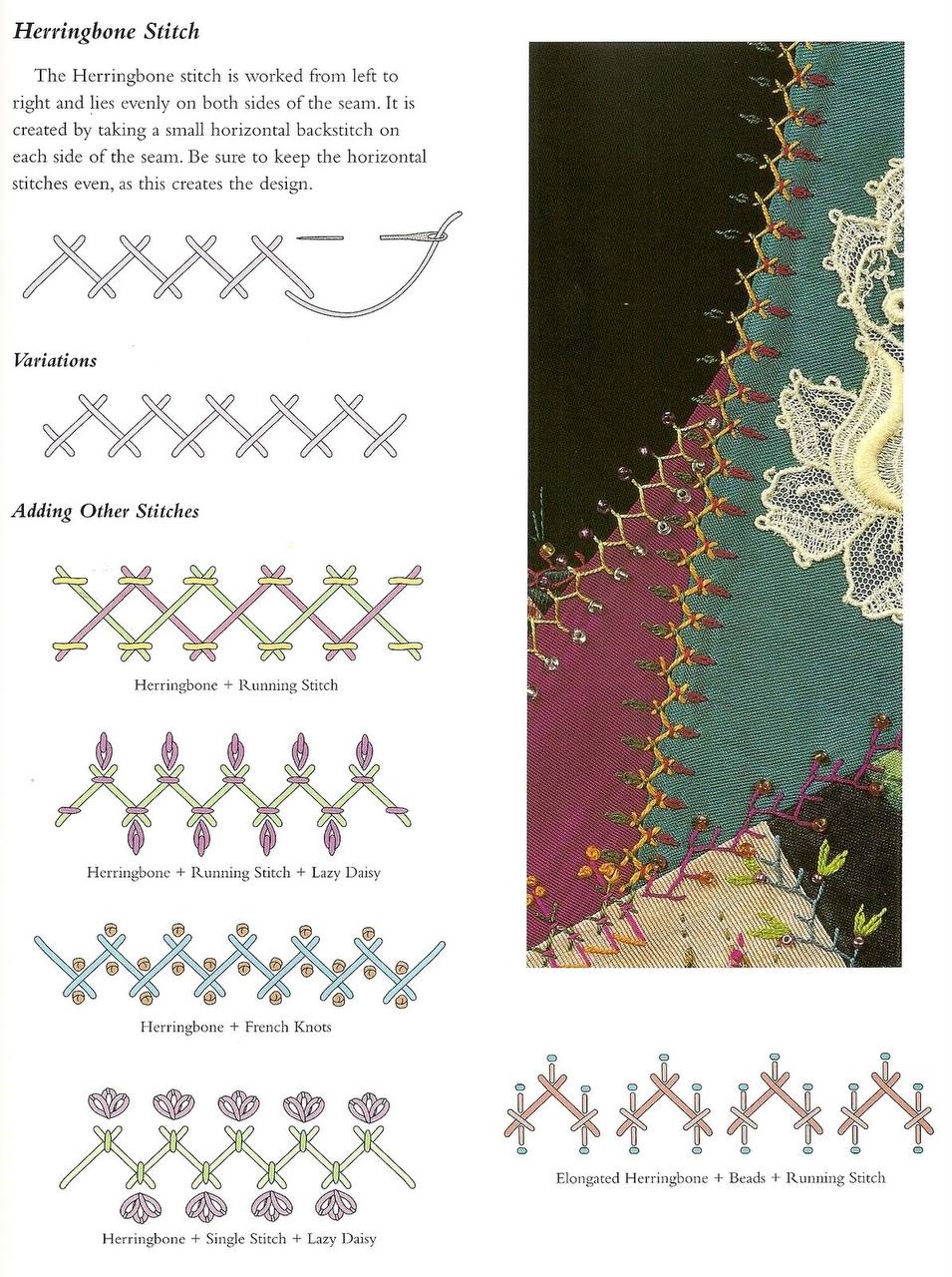 Herringbone Stitch The Herringbone stitch is worked from left to right and lies evenly on both sides of the seam. It is created taking a small horizontal backstitch on each side of the seam. Be sure t