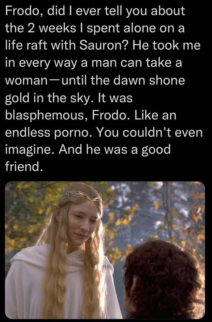 Frodo, did ever tell you about the 2 weeks spent alone ona life raft with Sauron? He took me in every way aman can take a until the dawn shone gold in the sky. It was blasphemous, Frodo. Like an endle