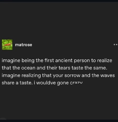 matrose imagine being the first ancient person to realize that the ocean and their tears taste the same. imagine realizing that your sorrow and the waves share a taste. i wouldve gone сга7м