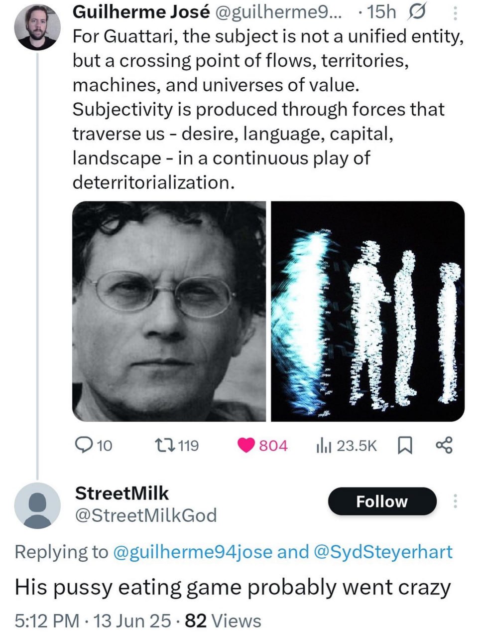 Guilherme José For Guattari, the subject is not a unified entity, but a crossing point of flows, territories, machines, and universes of value. Subjectivity is produced through forces that traverse de