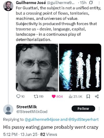 Guilherme José For Guattari, the subject is not a unified entity, but a crossing point of flows, territories, machines, and universes of value. Subjectivity is produced through forces that traverse de