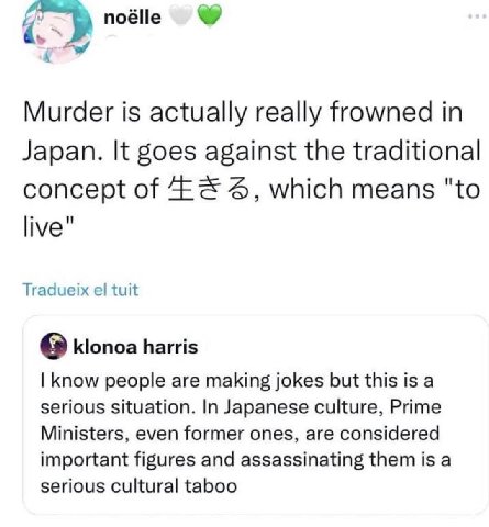 noélle Murder is actually really frowned in Japan. It goes against the traditional concept of 4 4, which means "to live" Tradueix tuit klonoa harris know people are making jokes but this is a serious 