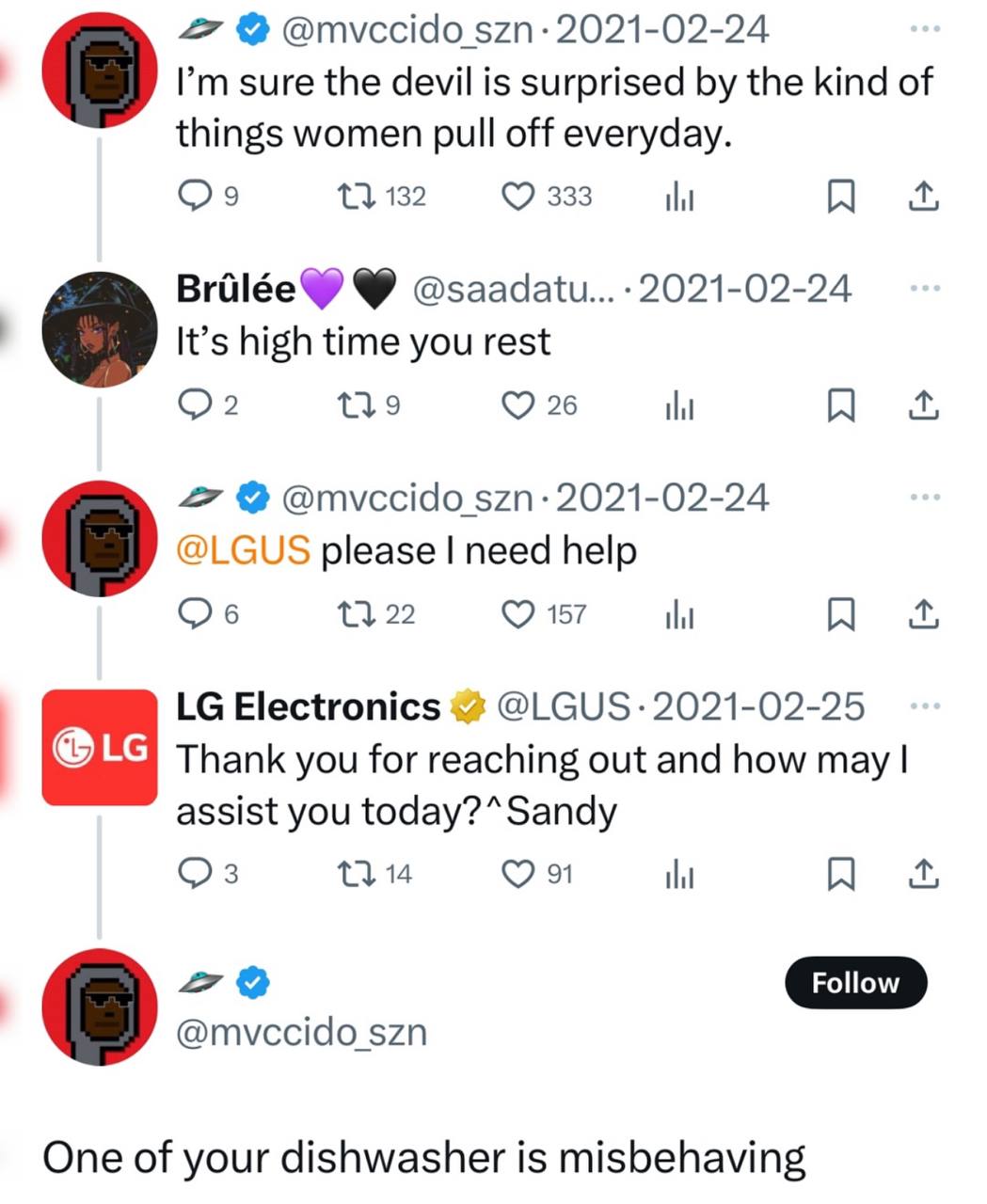 7 @mvccido szn- 2021-02-24 sure the devil is surprised the kind of things women pull off everyday. 132 333 It’s high time you rest {39 26 2 @mvccido szn- 2021-02-24 @LGUS please need help Об 1322 157 