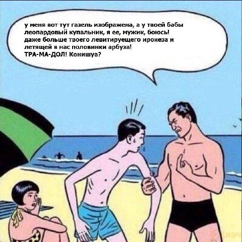 у меня вот тут газель изображена, а у твоей бабы леопардовый купальник, я ее, мужик, боюсы даже больше твоего левитируещего ирокеза и летящей в нас половинки арбуза! ТРА-МА-ДОЛ! Конишуа?