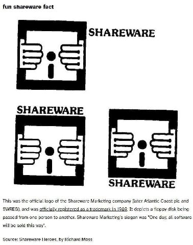 fun shareware fact SHAREWARE SHAREWARE SHAREWARE This was the official logo of the Shareware Marketing company (later Atlantic Coast ple and SWREG), and was officially registered as a trademark in 198