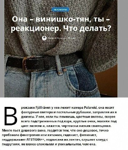 ПЕРСПЕКТИВА 7 Она винишко-тян, ты реакционер. Что делать? 'Андрей И 4 рюкзаке Fjallraven у нее лежит камера Polaroid, она носит фактурные свитера и пастельные рубашки, заправляя в джинсы. У нее, если 