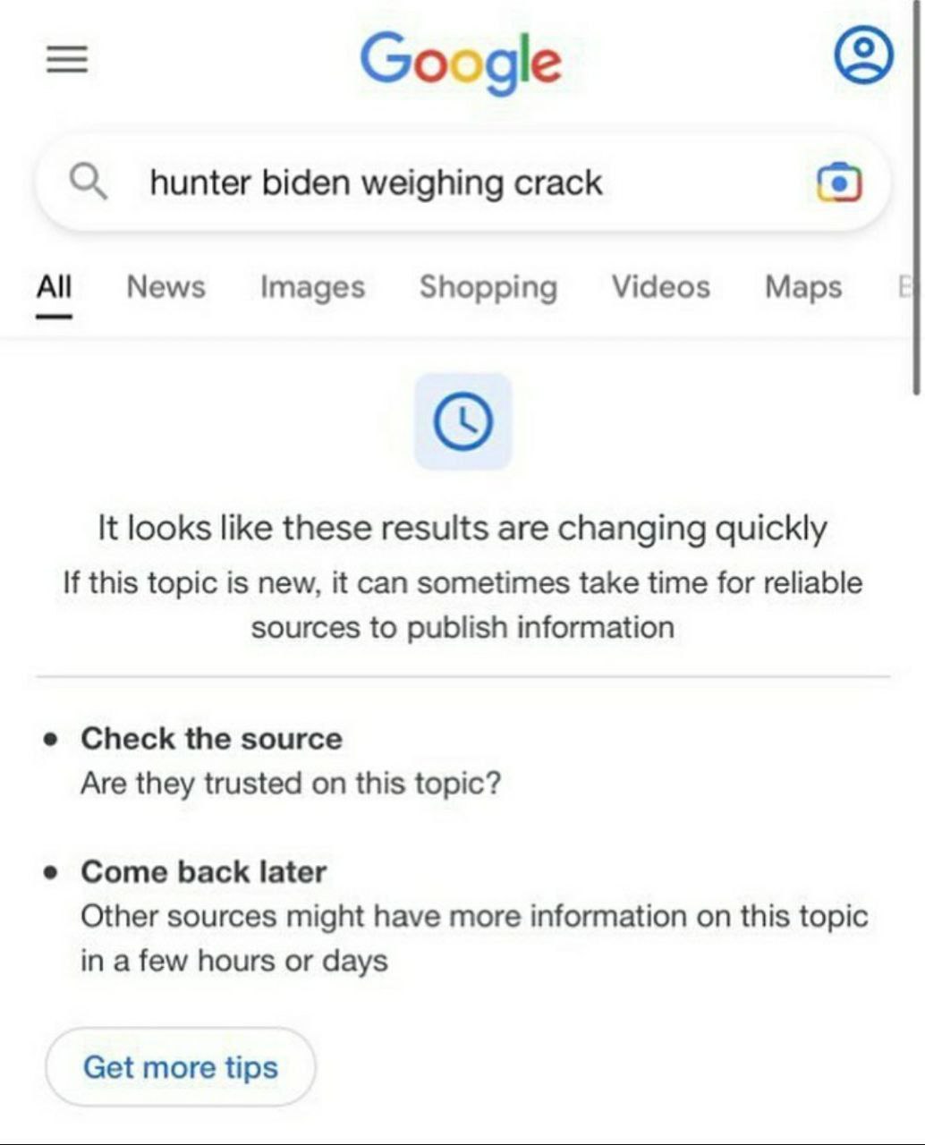 Google О hunter biden weighing crack News Images Shopping Videos Maps It looks like these results are changing quickly If this topic is new, it can sometimes take time for reliable sources to publish 