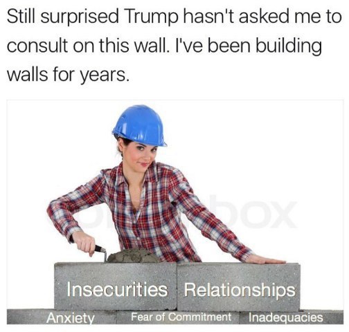 Still surprised Trump hasn't asked me to consult on this wall. I've been building walls for years. Relationships Anxiet Fear of Commitment Inadequacies