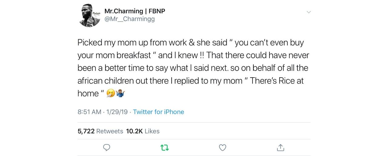 Mr.Charming FBNP @Mr_Charmingg Picked my mom up from work she said you can’t even buy your mom breakfast and knew That there could have never been a better time to say what said next. so on behalf of 
