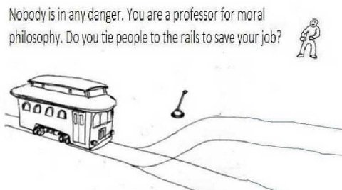Nobody is in any danger. You are а professor for moral you tle people to the rails to save your job?