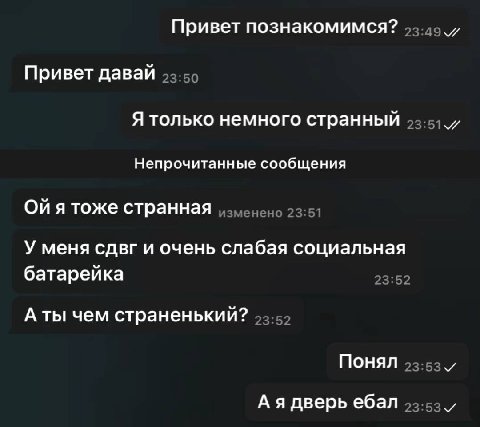 Привет познакомимся? Привет давай Я только немного странный Непрочитанные сообщения Ойя тоже странная У меня сдвг и очень слабая социальная батарейка А ты чем страненький? Понял дверь ебал
