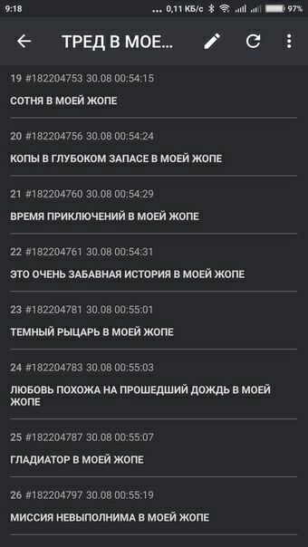 9:18 0,11 Кб/с ТРЕД В МОЕ СОТНЯ В МОЕЙ ЖОПЕ КОПЫ В ГЛУБОКОМ ЗАПАСЕ В МОЕЙ ЖОПЕ ВРЕМЯ ПРИКЛЮЧЕНИЙ В МОЕЙ ЖОПЕ ЭТО ОЧЕНЬ ЗАБАВНАЯ ИСТОРИЯ В МОЕЙ ЖОПЕ ТЕМНЫЙ РЫЦАРЬ В МОЕЙ ЖОПЕ ЛЮБОВЬ ПОХОЖА НА ПРОШЕДШИЙ