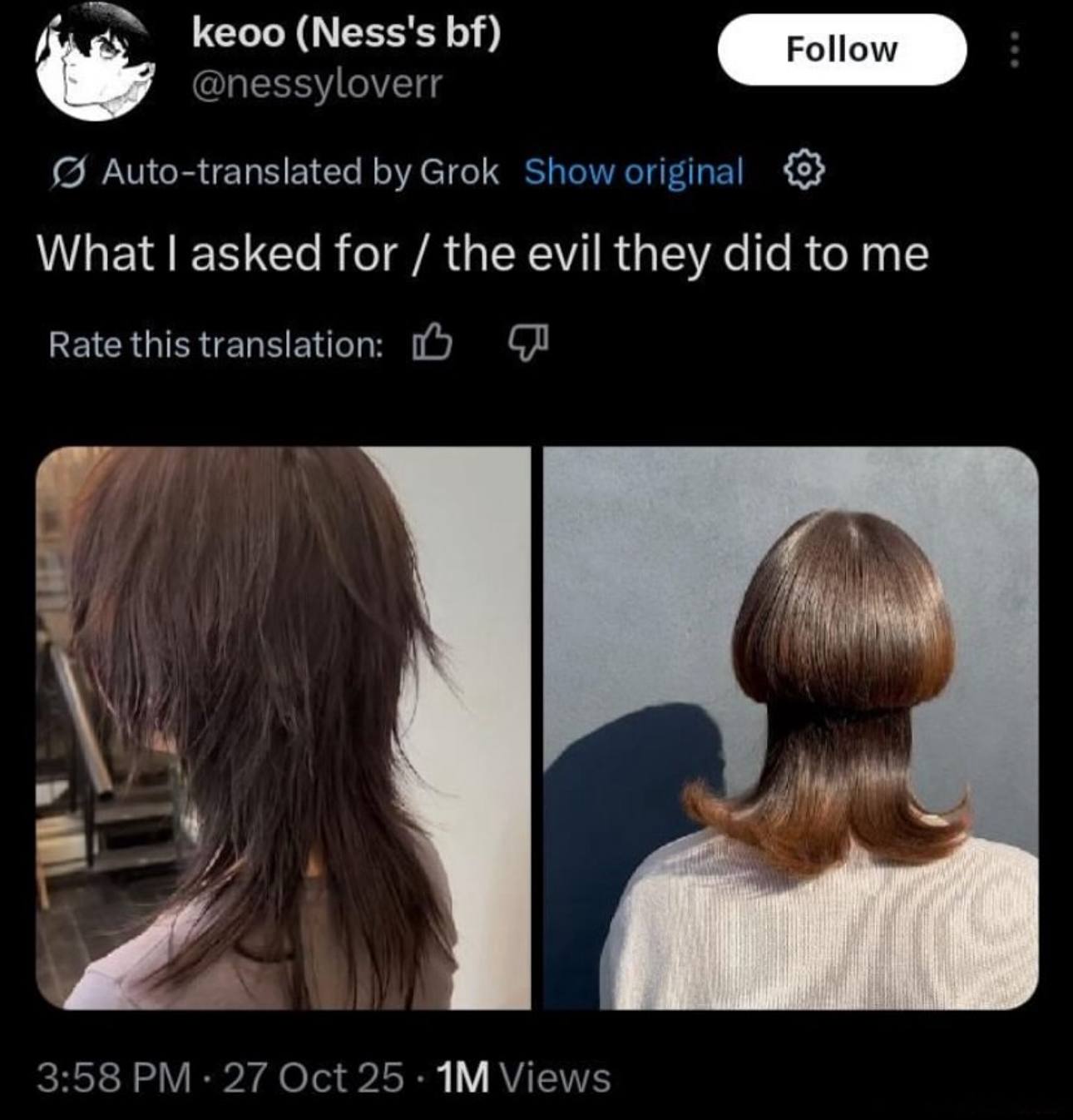 Кеоо (Ness's @nessyloverr Auto-translated Grok Show original What asked for the evil they did to Rate this translation. 170 3:58 27 Oct 25 Views