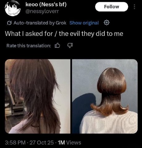 Кеоо (Ness's @nessyloverr Auto-translated Grok Show original What asked for the evil they did to Rate this translation. 170 3:58 27 Oct 25 Views