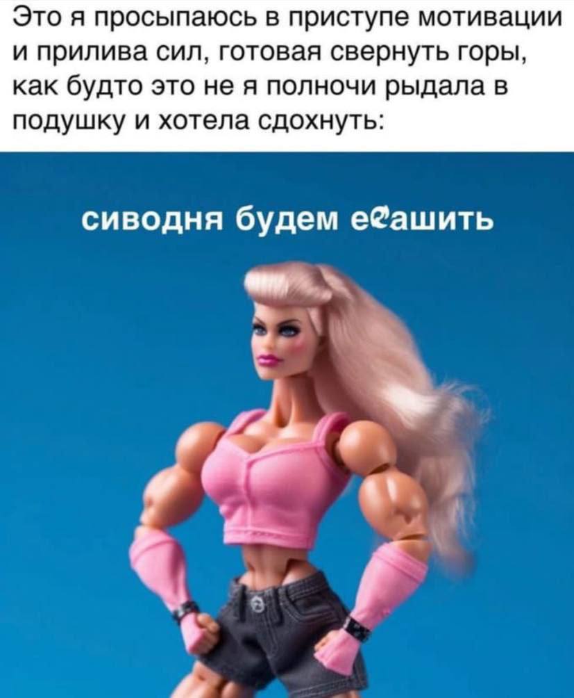 Это я просыпаюсь в приступе мотивации и прилива сил, готовая свернуть горы, как будто это не я полночи рыдала в подушку и хотела сдохнуть: сиводня будем еФашить А