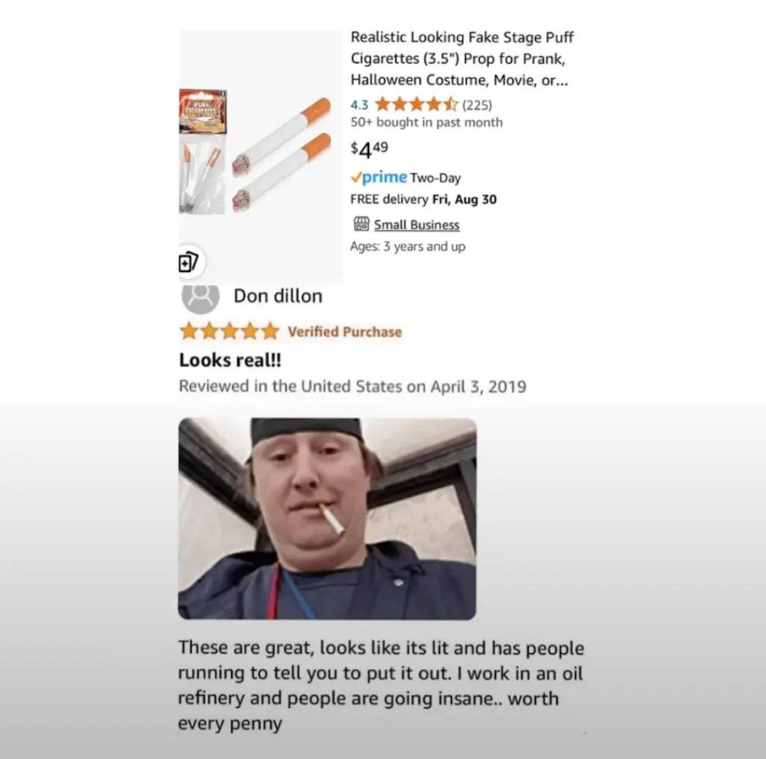 Realistic Looking Fake Stage Puff Cigarettes (3.5") Prop for Prank, Halloween Costume, Movie, or... 4.3 ЖЖЖЖХ (225) 50+ bought in past month 1 $449 prime Two-Day FREE delivery Fri, Aug 30 Small Busine