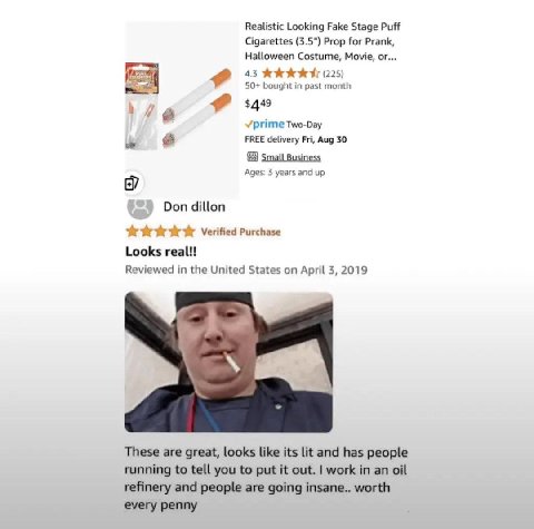 Realistic Looking Fake Stage Puff Cigarettes (3.5") Prop for Prank, Halloween Costume, Movie, or... 4.3 ЖЖЖЖХ (225) 50+ bought in past month 1 $449 prime Two-Day FREE delivery Fri, Aug 30 Small Busine