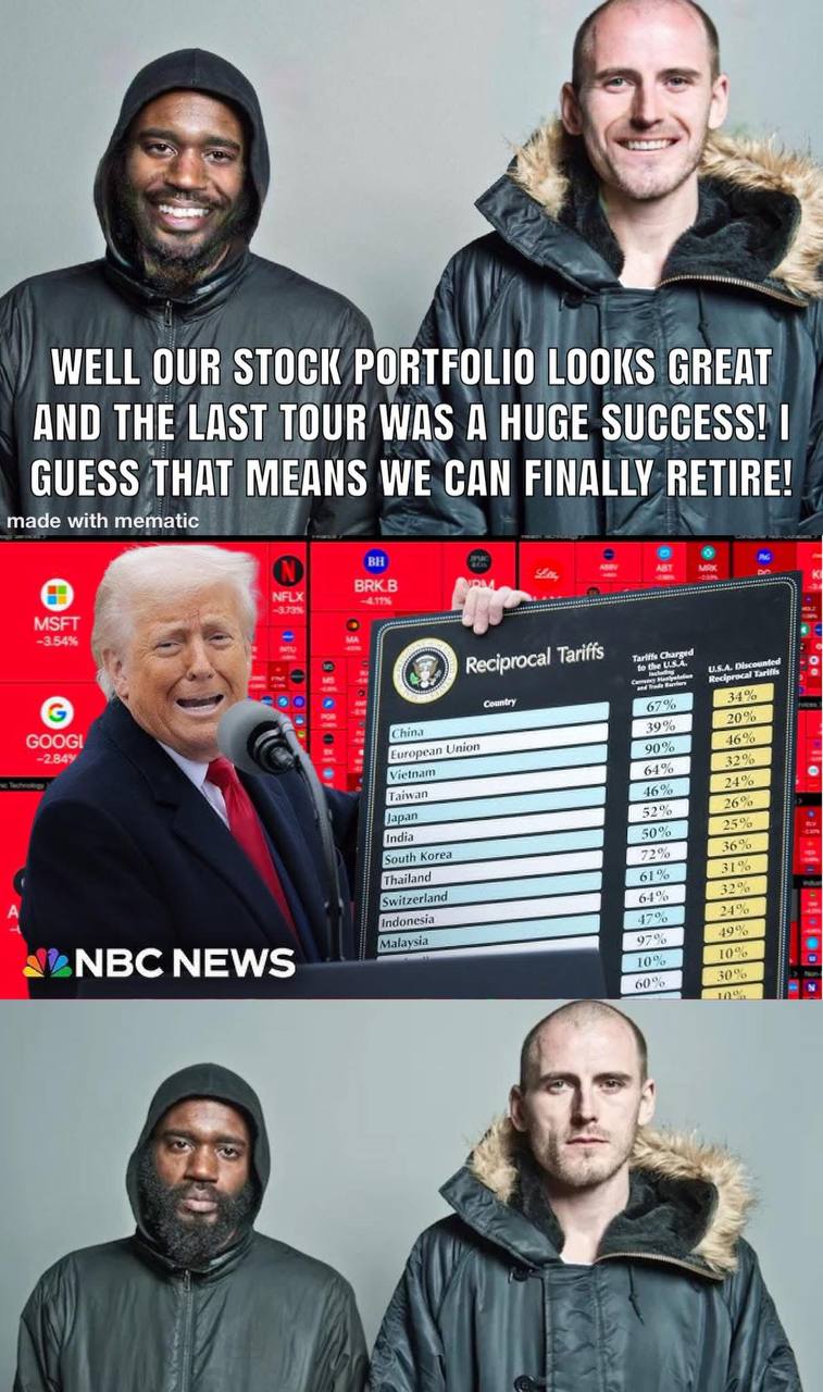 WELL OUR STOCK PORTFOLIO LOOKS GREAT AND THE LAST TOUR WAS A HUGE SUCCESS! GUESS THAT MEANS WE CAN FINALLY RETIRE! о Tariffs ити МВС МЕМ/$