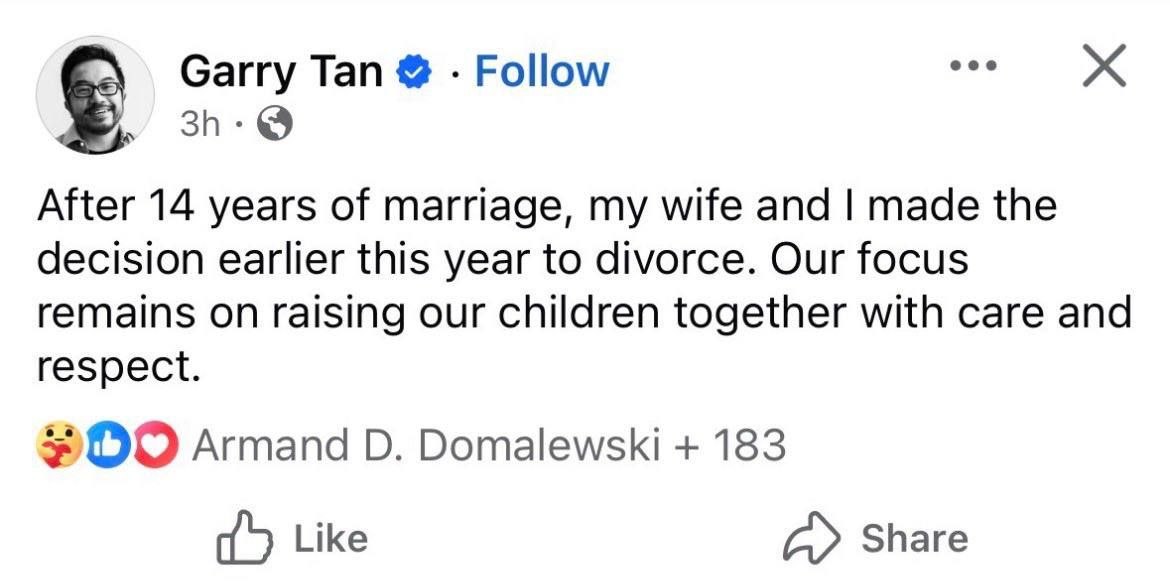 Garry Tan Follow After 14 years of marriage, my wife and made the decision earlier this year to divorce. Our focus remains on raising our children together with care and respect. Armand О. Domalewski 