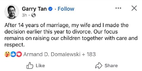 Garry Tan Follow After 14 years of marriage, my wife and made the decision earlier this year to divorce. Our focus remains on raising our children together with care and respect. Armand О. Domalewski 