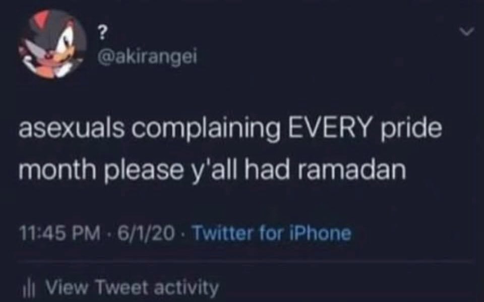 к @akirangei asexuals complaining EVERY pride month please y'all had ramadan 11:45 6/1/20 Twitter for iPhone View Tweet activity
