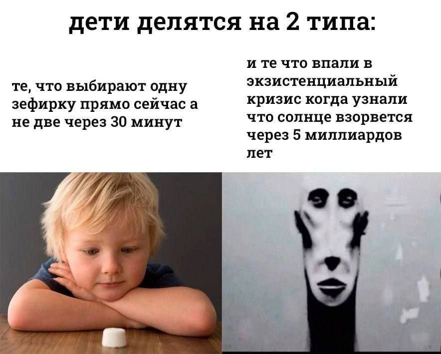 дети делятся на 2 типа: и что впали в что выбирают одну экзистенциальный кризис когда узнали зефирку прямо сейчас а не две через 30 минут что солнце взорвется через 5 миллиардов лет