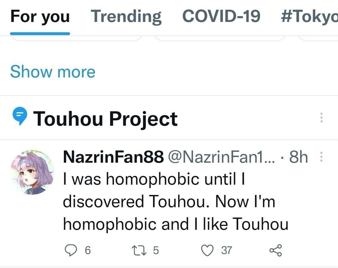 For you Trending COVID-19 #Tokyc Show more 9 Touhou Project в NazrinFan88 homophobic until discovered Touhou. Now homophobic and like Touhou 5 oF
