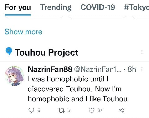 For you Trending COVID-19 #Tokyc Show more 9 Touhou Project в NazrinFan88 homophobic until discovered Touhou. Now homophobic and like Touhou 5 oF