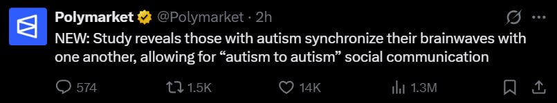 а Polymarket @Polymarket (A NEW: Study reveals those with autism synchronize their brainwaves with one another, allowing for “autism to autism” social communication 574 Ни