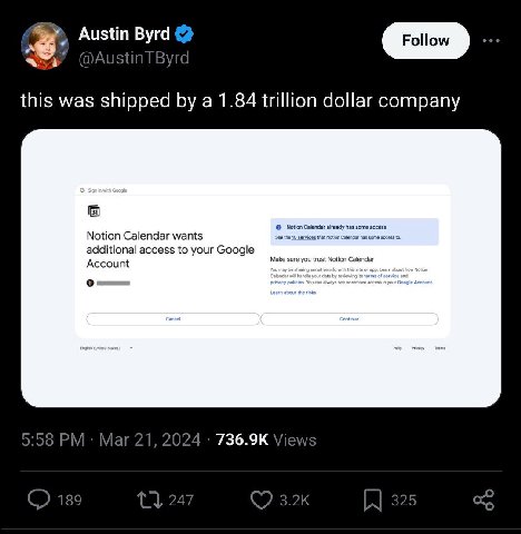 this was shipped а 1.84 trillion dollar company Notion Calendar wants additional access to your Google Account о 736.9К