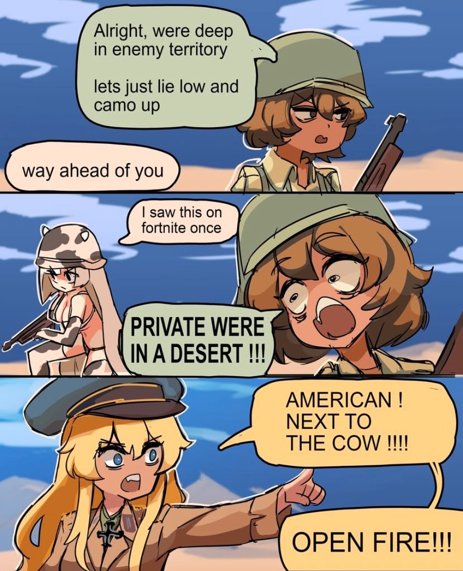 lright, were deep in enemy territory lets just lie low and camo up EES once EES saw this on PRIVATE DESERT AMERICAN THE OPEN FIRE!!!