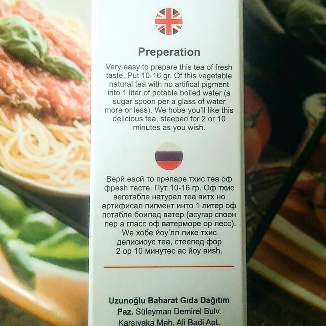 Preperation Very easy to prepare this tea of fresh taste. Put 10-16 Of this vegetable natural tea with no artifical pigment into 1 liter of potable boiled water (a sugar spoon per a glass of water mor