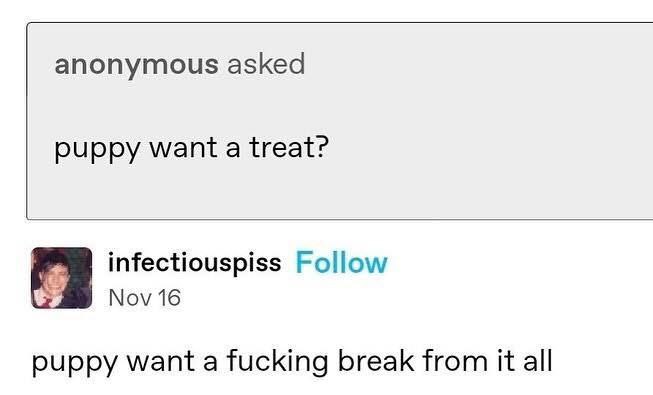 anonymous asked puppy treat? infectiouspiss Follow Nov 16 puppy want a fucking break from it all