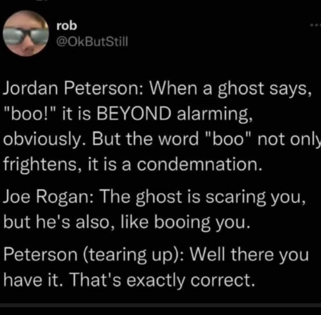 rob Jordan Peterson: When a ghost says, "boo!" it is BEYOND alarming, obviously. But the word "boo" not only frightens, it is a condemnation. Joe Rogan: The ghost is scaring you, but he's also, like b